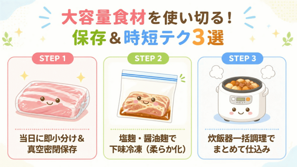 コストコの大容量食材を腐らせず使い切るための小分け保存と調理テク3選を表した図解