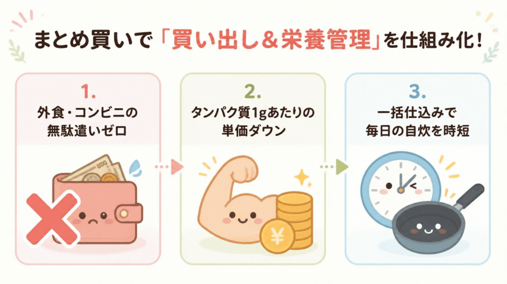 コストコでのまとめ買いが筋トレ飯の継続と時短につながる3つのメリットを表した図解