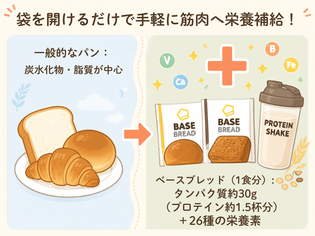 ベースブレッド1食分でタンパク質約30gと26種類の栄養素が摂れることを表した比較図