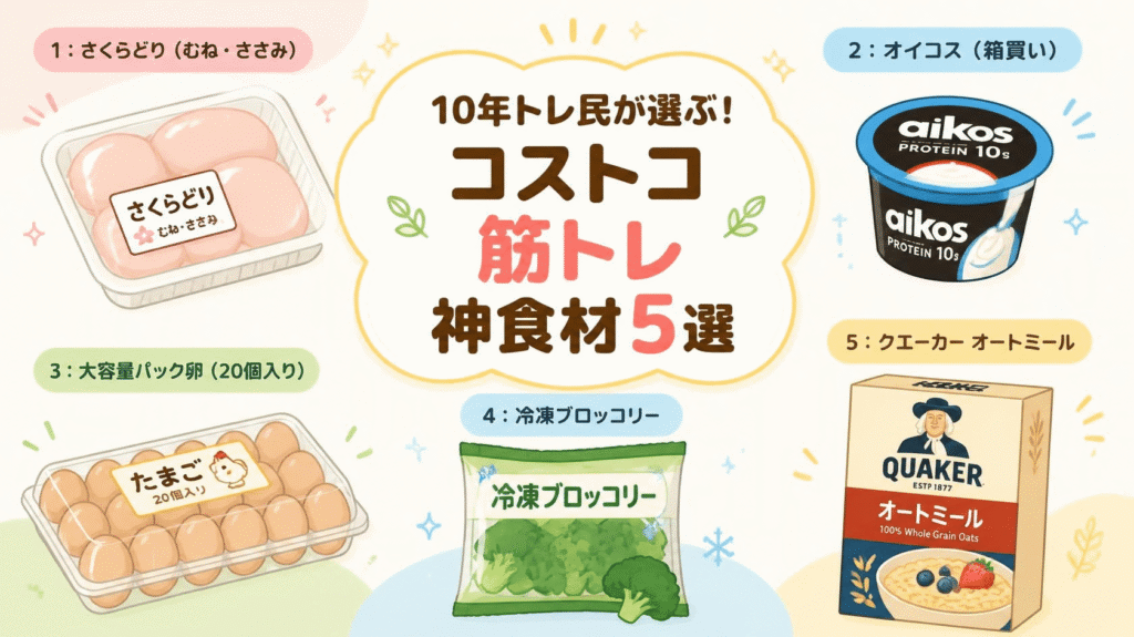 筋トレ歴10年の筆者が厳選したコストコで買うべき筋トレ神食材5選の一覧図解