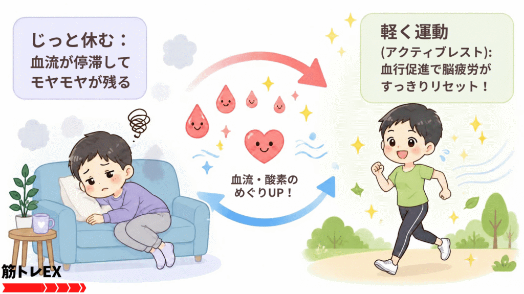 軽めの運動で血行を促進し脳疲労をリセットするアクティブレストの仕組みを表した図解