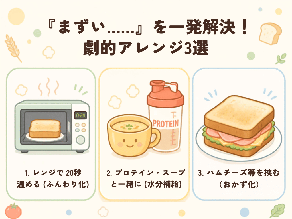 レンジ温め・プロテインスープ・ハムチーズトッピングなどベースブレッドの美味しいアレンジ3選図解